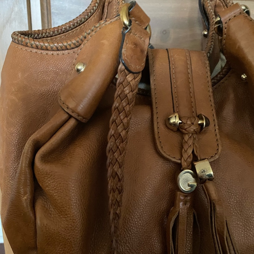 Authentic Gucci Brown Hobo Bag with Braided Detailing and Leather Tassel
